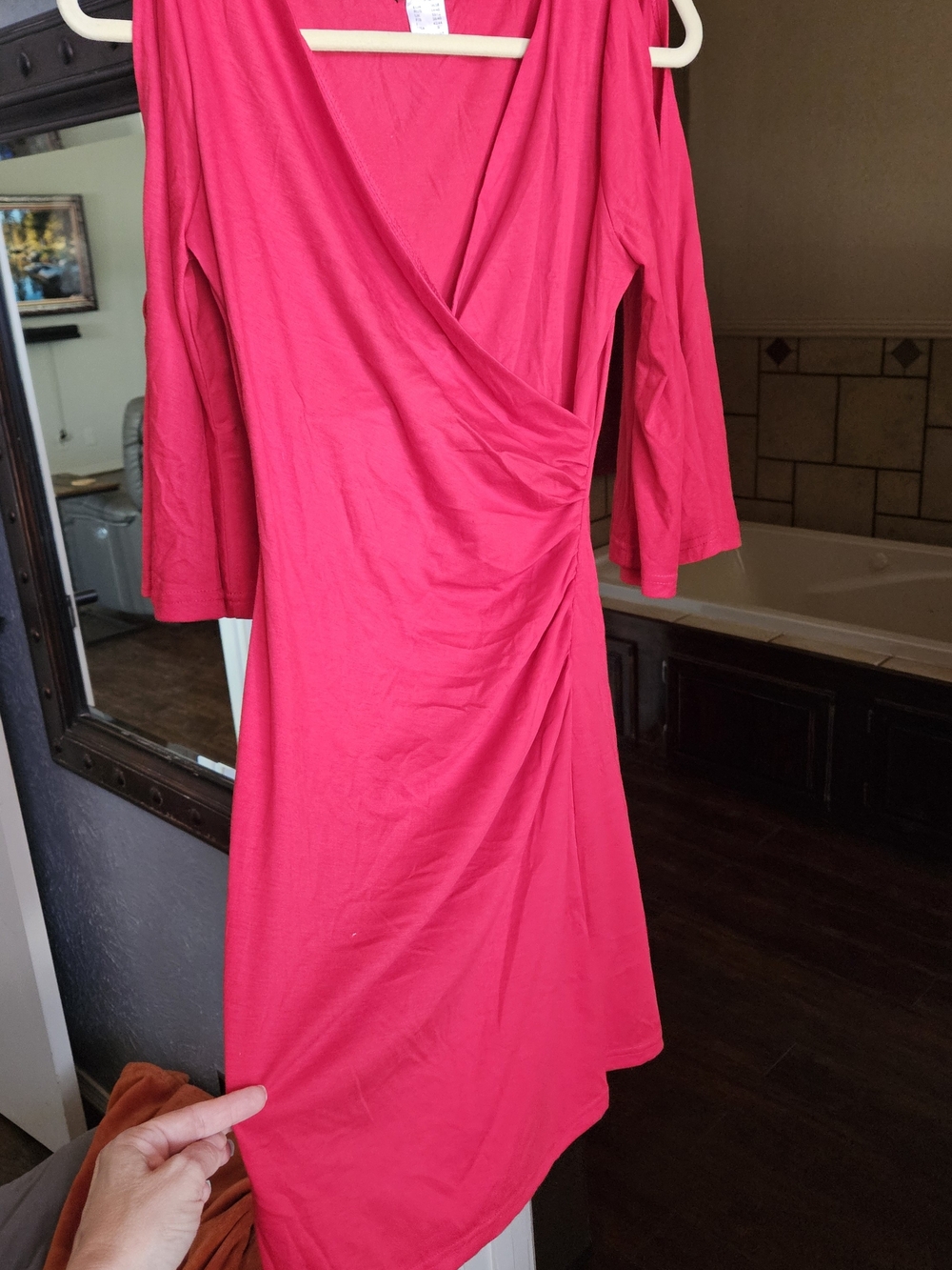 VENUS Red Faux-Wrap 3/4 Sleeve Dress